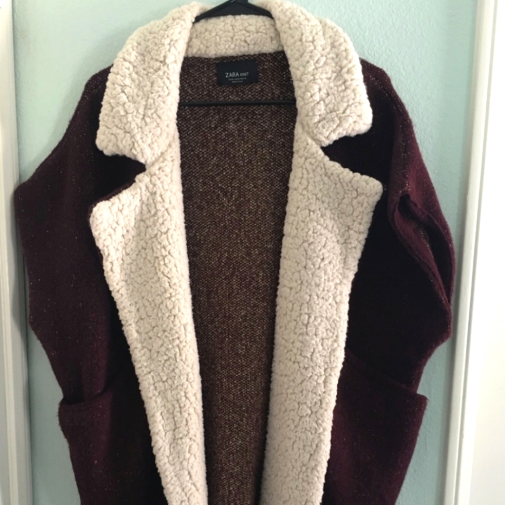 Zara Burgundy Fleece Sherpa Cocoon Cardigan Vest Jacket Barn Coat Layer